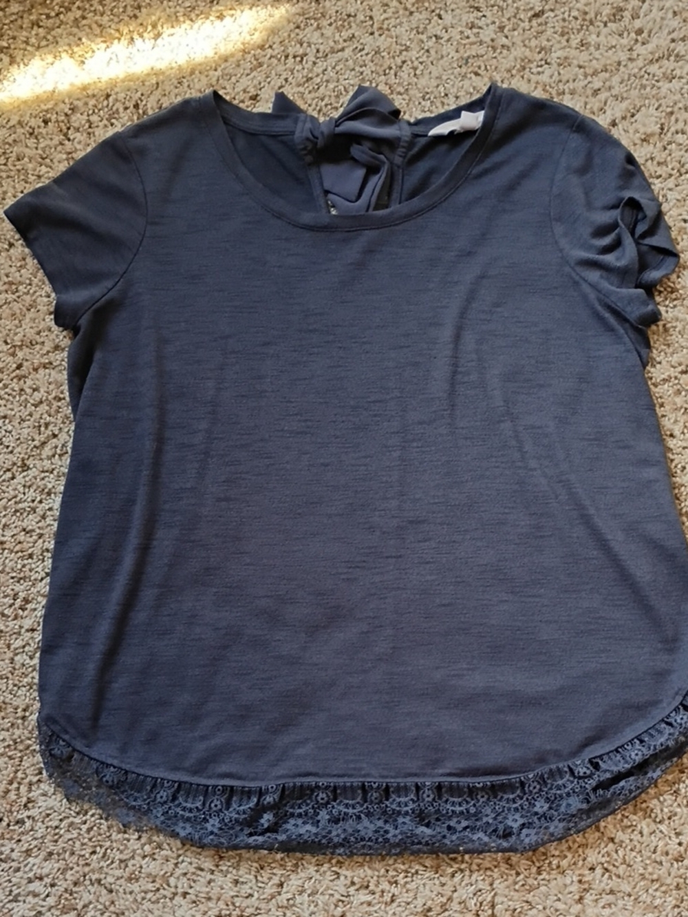 Everyday Navy Short-Sleeve Tee with Lace Hem and Back Tie